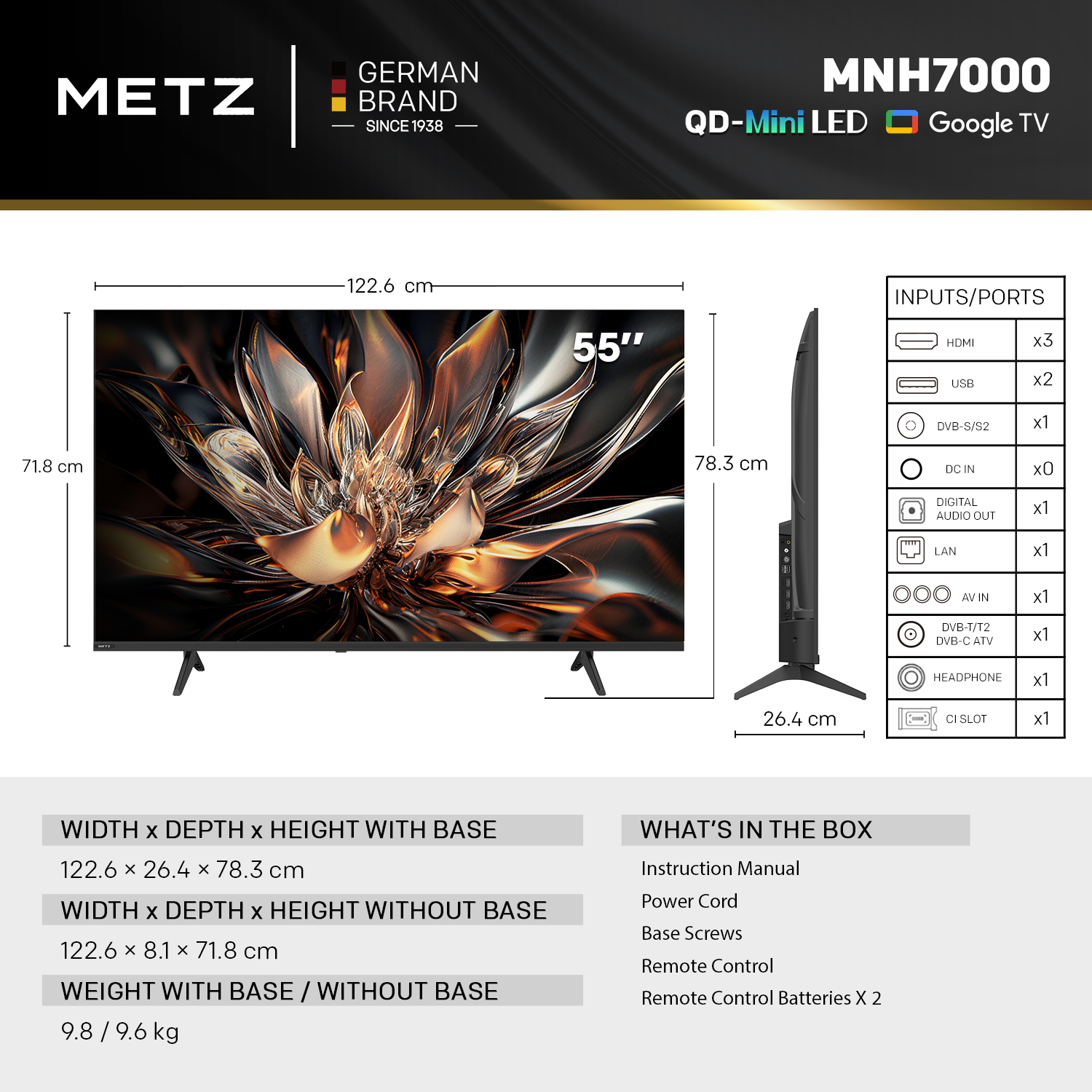 Телевизор METZ 55" 55MNH7000Z UHD 4K QD-Mini LED, Matte Screen Ultra, Google TV, Клас E 5