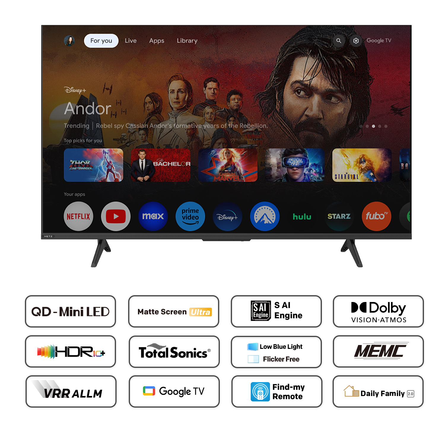 Телевизор METZ 55" 55MNH7000Z UHD 4K QD-Mini LED, Matte Screen Ultra, Google TV, Клас E 6