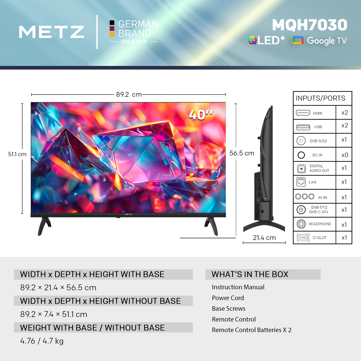 Телевизор METZ 40" 40MQH7030Z QLDE+ FHD(1920x1080), GoogleTV, Клас E 5